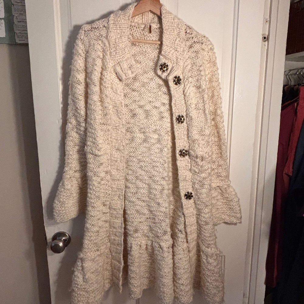 Free People Cream Wool-Blend Sweater Coat - Ruffle Hem - Size L